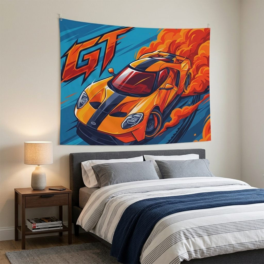 Ford GT Orange Blue Racing Stripe Aerial Bold Graphic Car Wall Art Tapestry