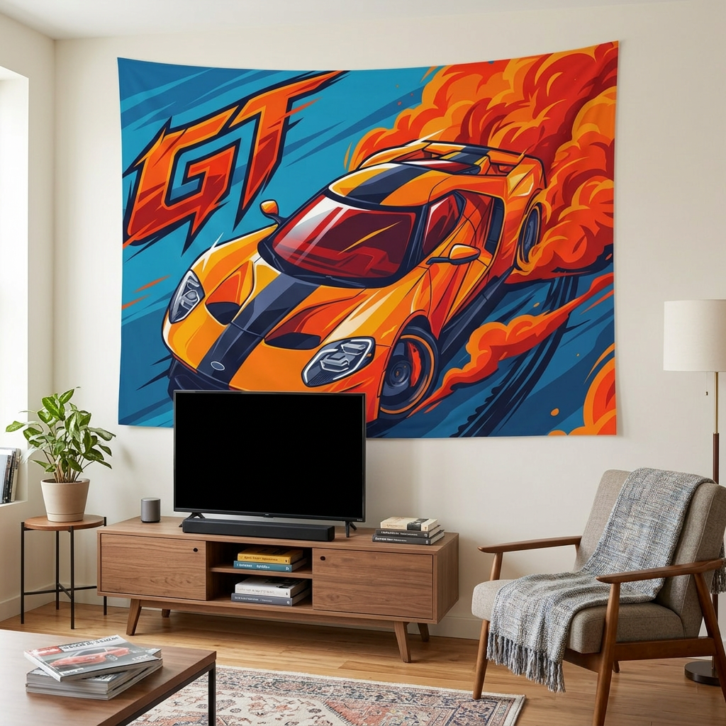 Ford GT Orange Blue Racing Stripe Aerial Bold Graphic Car Wall Art Tapestry