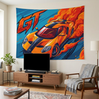Ford GT Orange Blue Racing Stripe Aerial Bold Graphic Car Wall Art Tapestry
