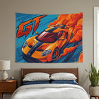 Ford GT Orange Blue Racing Stripe Aerial Bold Graphic Car Wall Art Tapestry