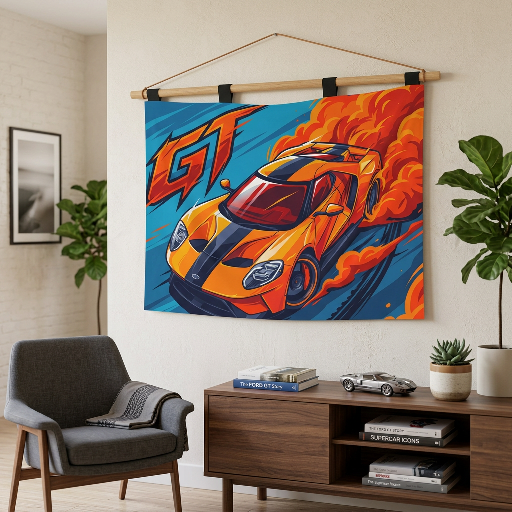 Ford GT Orange Blue Racing Stripe Aerial Bold Graphic Car Wall Art Tapestry