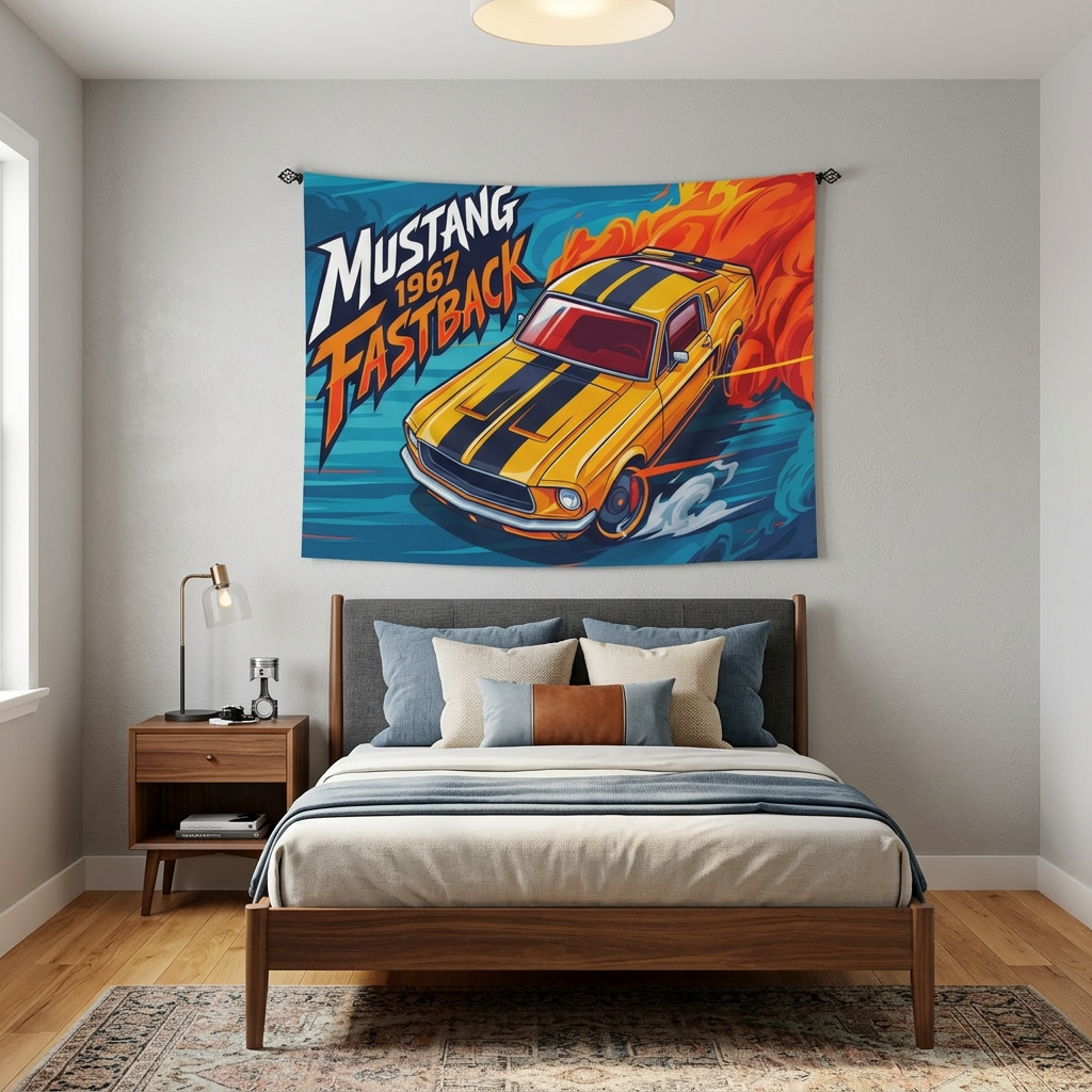 Ford Mustang 1967 Fastback Yellow Black Stripe Aerial Bold Graphic Car Wall Art Tapestry