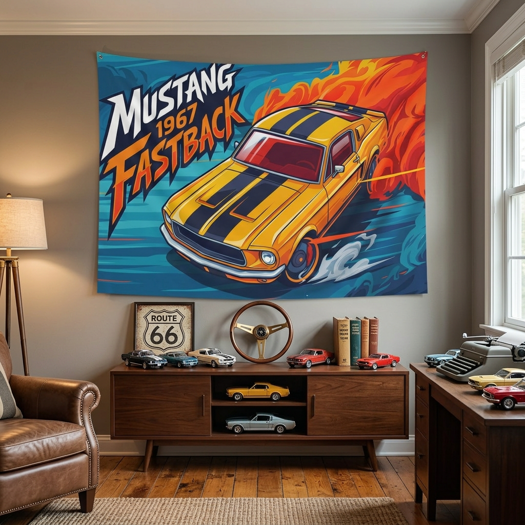 Ford Mustang 1967 Fastback Yellow Black Stripe Aerial Bold Graphic Car Wall Art Tapestry