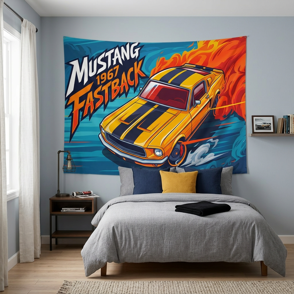 Ford Mustang 1967 Fastback Yellow Black Stripe Aerial Bold Graphic Car Wall Art Tapestry