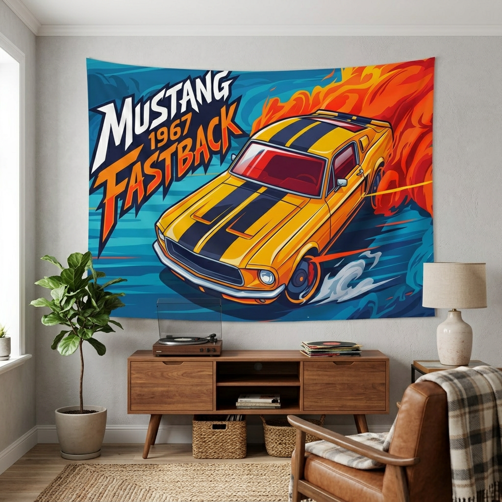 Ford Mustang 1967 Fastback Yellow Black Stripe Aerial Bold Graphic Car Wall Art Tapestry