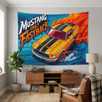 Ford Mustang 1967 Fastback Yellow Black Stripe Aerial Bold Graphic Car Wall Art Tapestry