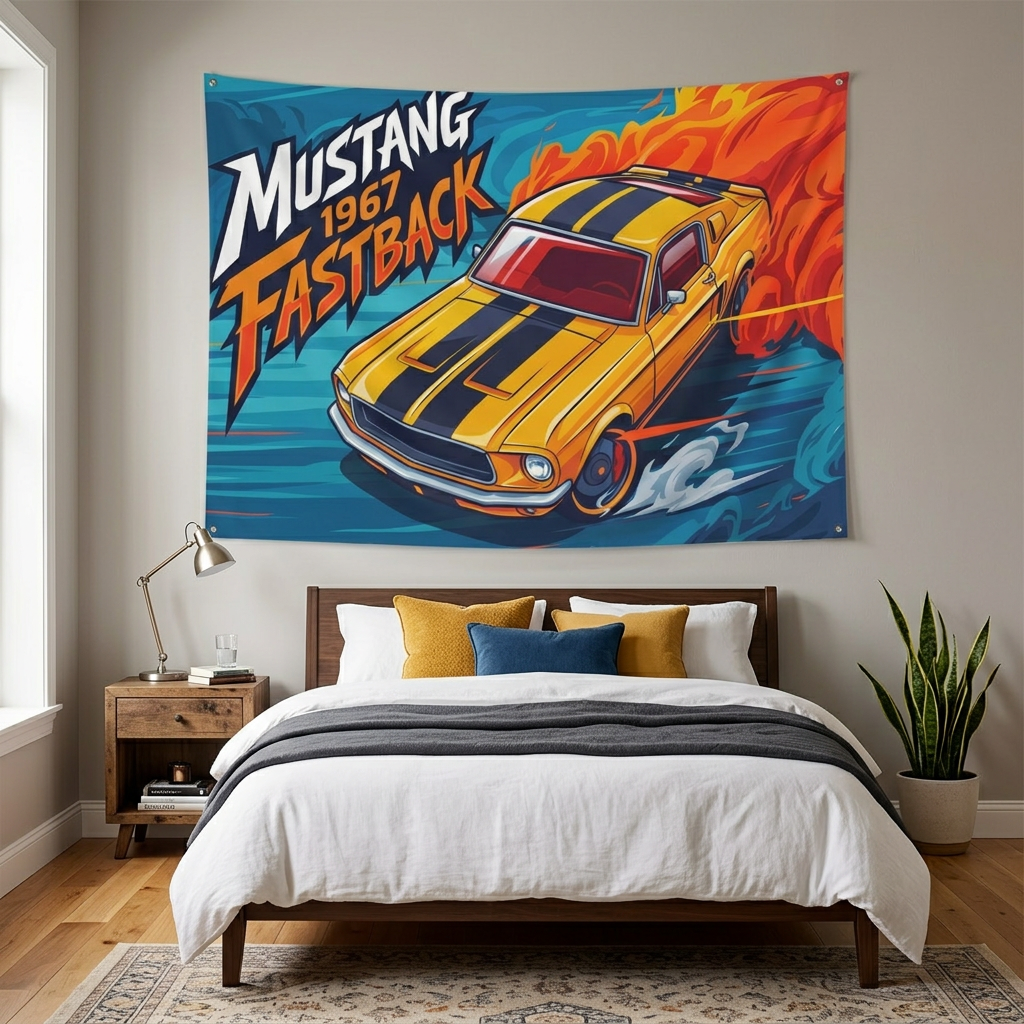 Ford Mustang 1967 Fastback Yellow Black Stripe Aerial Bold Graphic Car Wall Art Tapestry