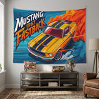 Ford Mustang 1967 Fastback Yellow Black Stripe Aerial Bold Graphic Car Wall Art Tapestry