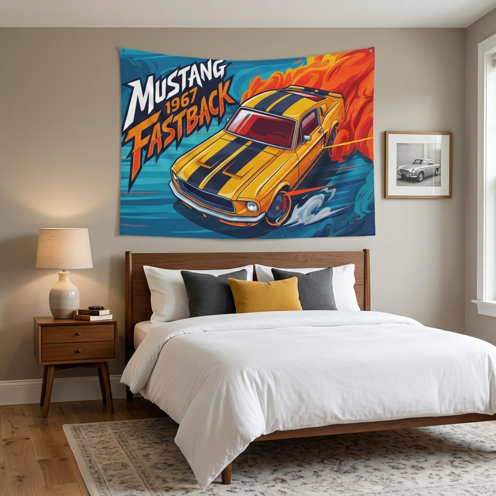 Ford Mustang 1967 Fastback Yellow Black Stripe Aerial Bold Graphic Car Wall Art Tapestry
