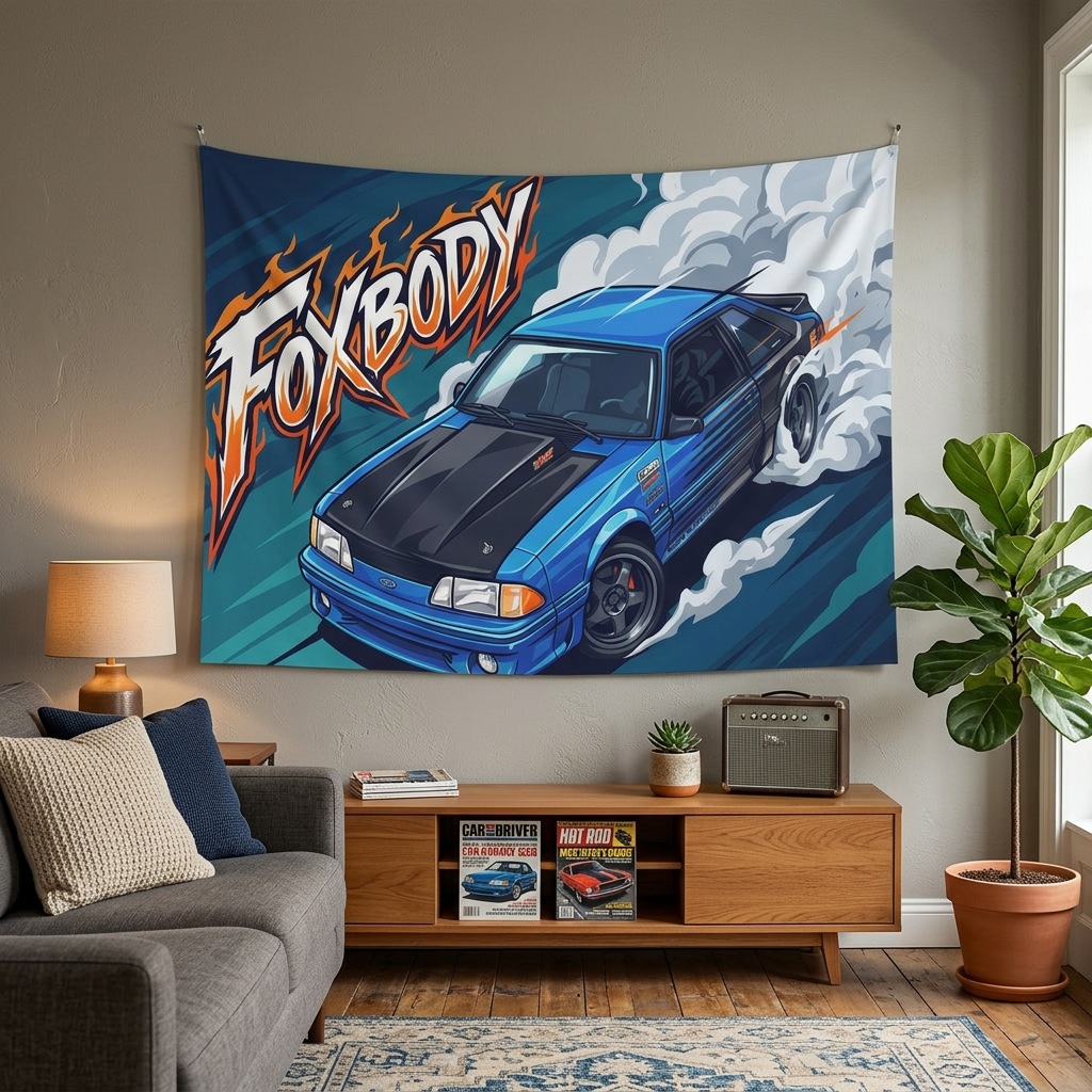 Ford Mustang Foxbody Blue Black Bonnet Drag Build Aerial Bold Graphic Car Wall Art Tapestry