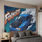 Ford Mustang Foxbody Blue Black Bonnet Drag Build Aerial Bold Graphic Car Wall Art Tapestry