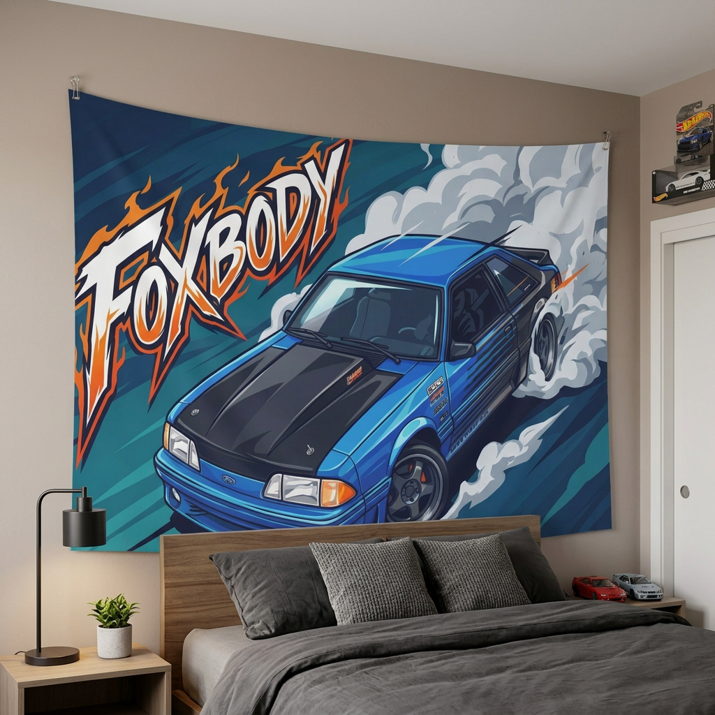 Ford Mustang Foxbody Blue Black Bonnet Drag Build Aerial Bold Graphic Car Wall Art Tapestry