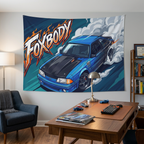 Ford Mustang Foxbody Blue Black Bonnet Drag Build Aerial Bold Graphic Car Wall Art Tapestry