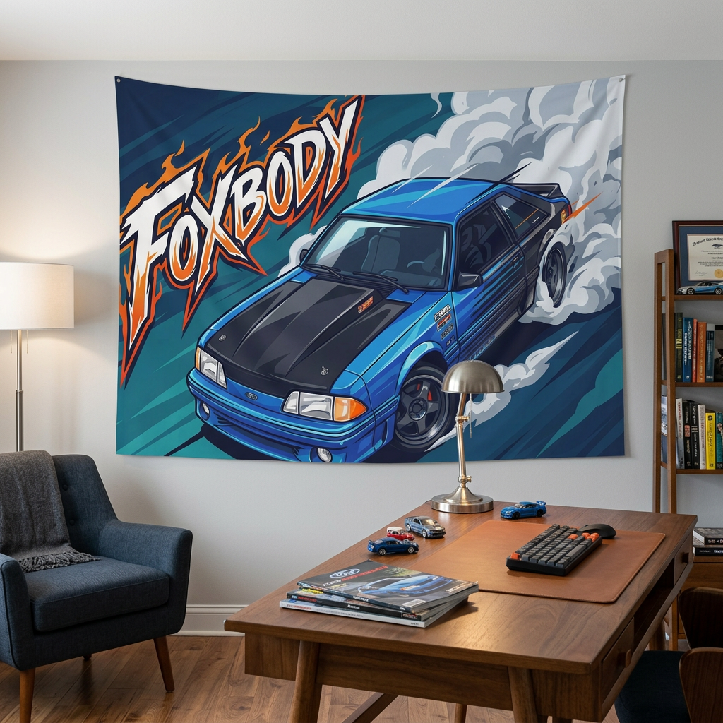 Ford Mustang Foxbody Blue Black Bonnet Drag Build Aerial Bold Graphic Car Wall Art Tapestry