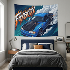 Ford Mustang Foxbody Blue Black Bonnet Drag Build Aerial Bold Graphic Car Wall Art Tapestry
