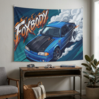Ford Mustang Foxbody Blue Black Bonnet Drag Build Aerial Bold Graphic Car Wall Art Tapestry