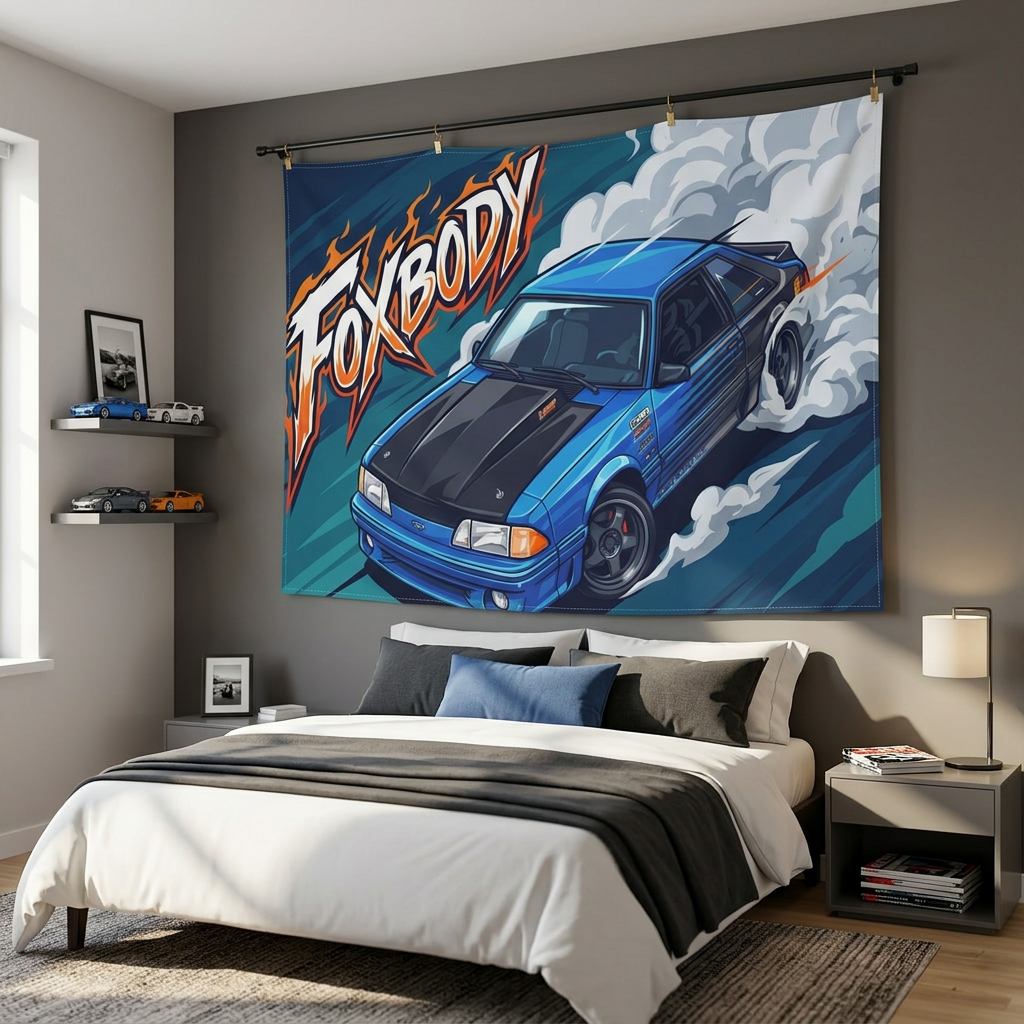 Ford Mustang Foxbody Blue Black Bonnet Drag Build Aerial Bold Graphic Car Wall Art Tapestry
