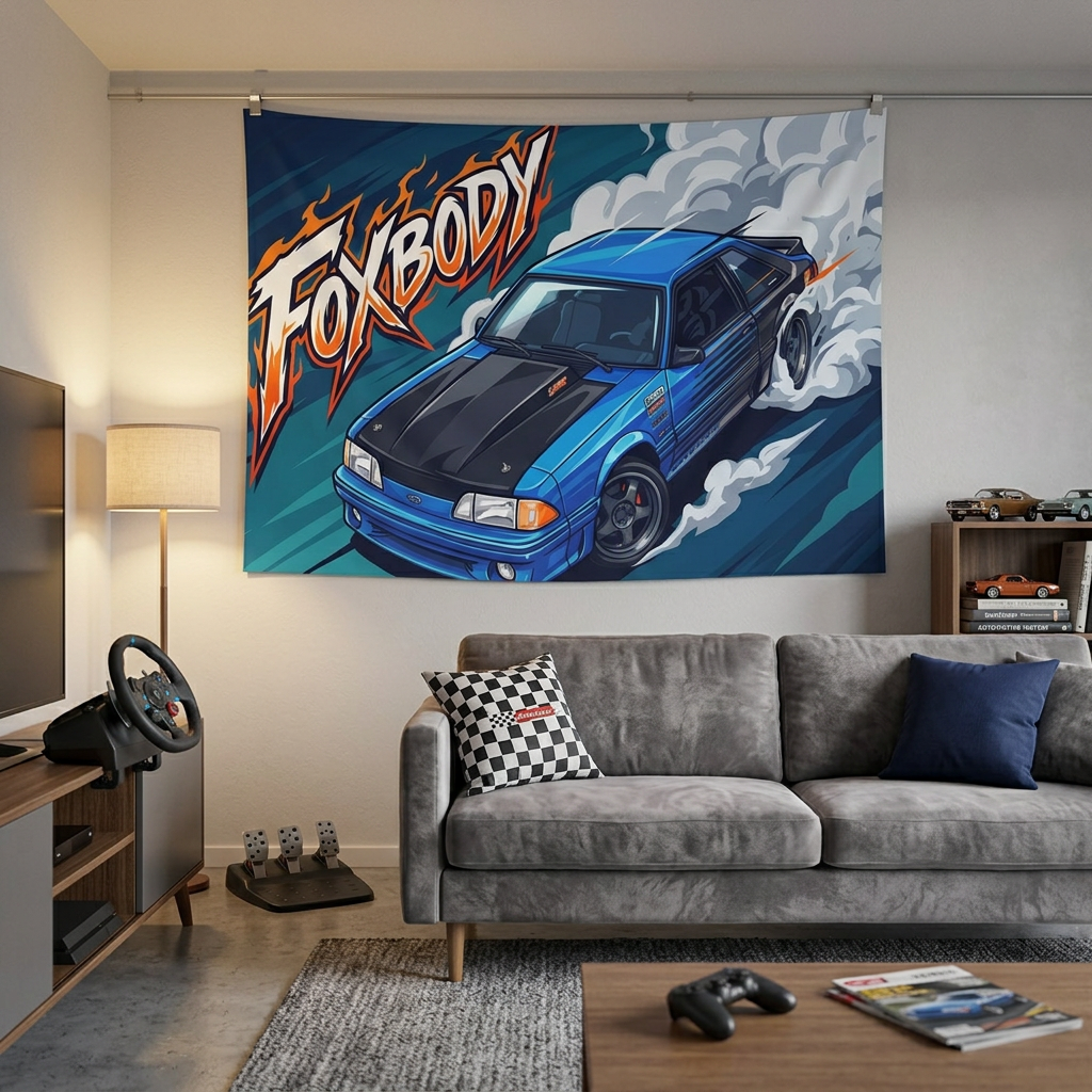 Ford Mustang Foxbody Blue Black Bonnet Drag Build Aerial Bold Graphic Car Wall Art Tapestry