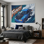 Ford Mustang Foxbody Blue Black Bonnet Drag Build Aerial Bold Graphic Car Wall Art Tapestry