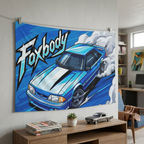 Ford Mustang Foxbody Light Blue White Stripe Comic Pop Art Aerial Bold Graphic Car Wall Art Tapestry