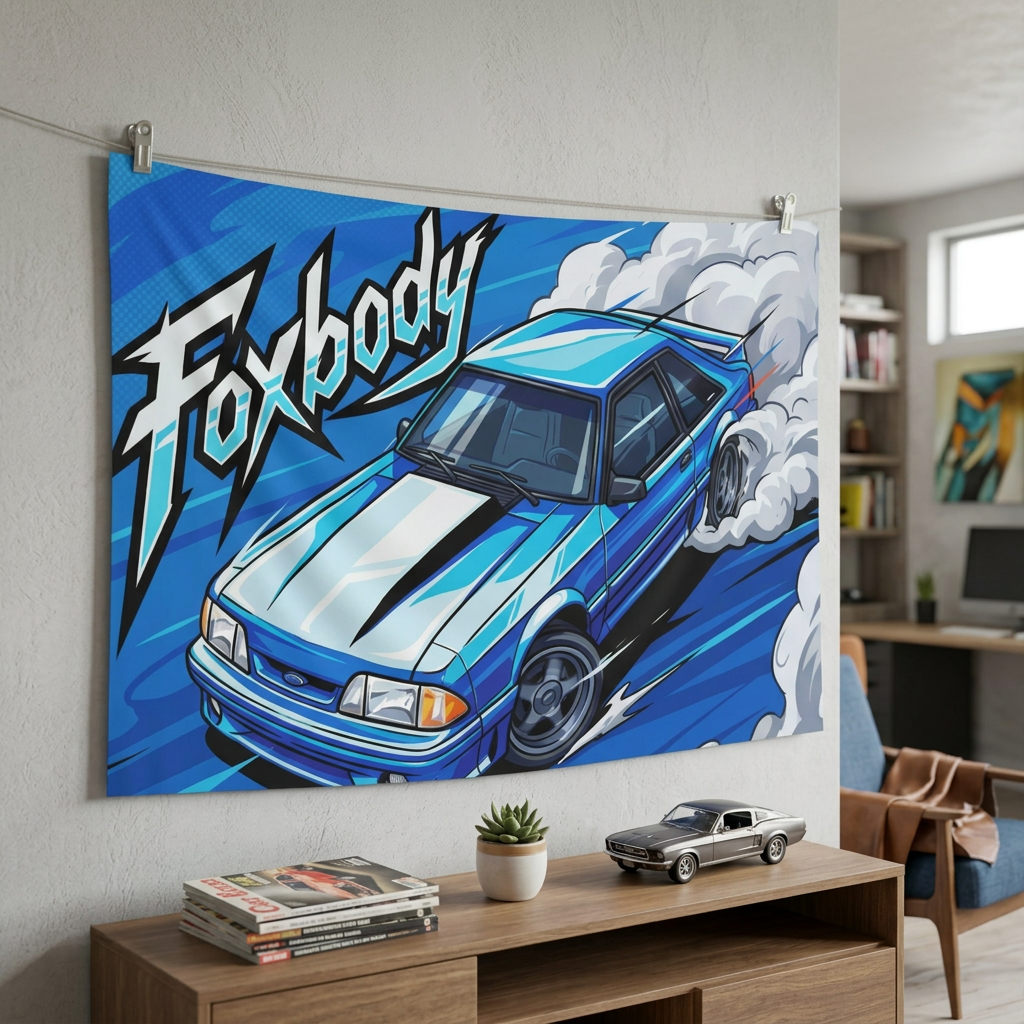 Ford Mustang Foxbody Light Blue White Stripe Comic Pop Art Aerial Bold Graphic Car Wall Art Tapestry