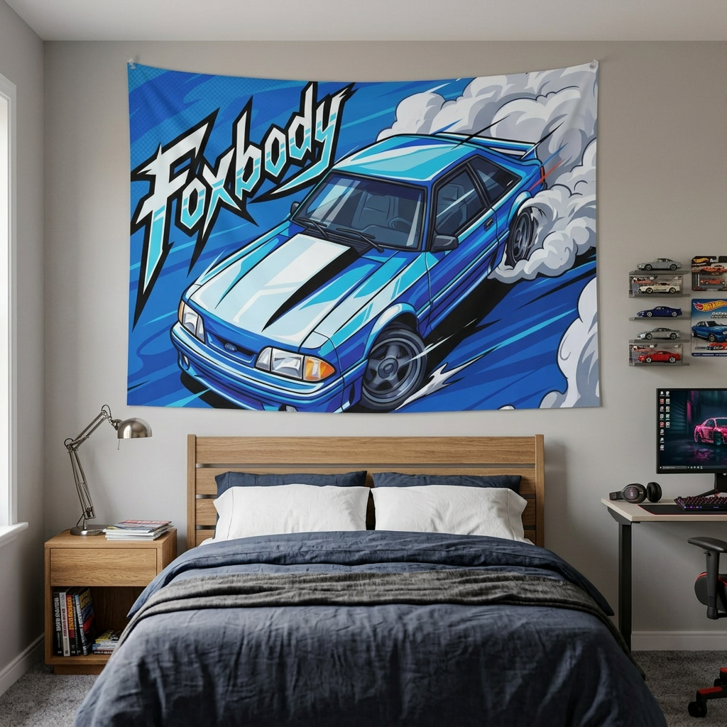 Ford Mustang Foxbody Light Blue White Stripe Comic Pop Art Aerial Bold Graphic Car Wall Art Tapestry