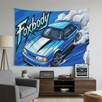 Ford Mustang Foxbody Light Blue White Stripe Comic Pop Art Aerial Bold Graphic Car Wall Art Tapestry