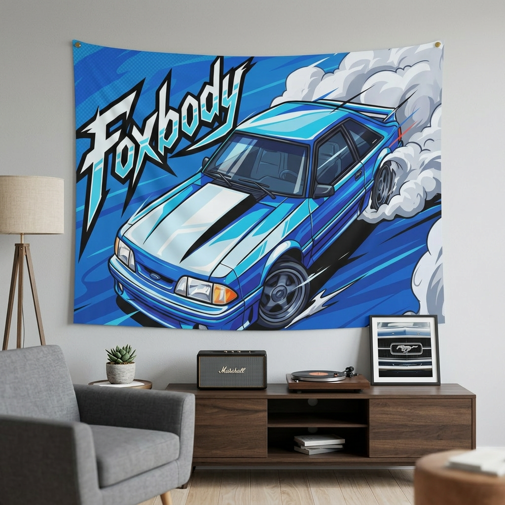 Ford Mustang Foxbody Light Blue White Stripe Comic Pop Art Aerial Bold Graphic Car Wall Art Tapestry