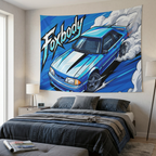 Ford Mustang Foxbody Light Blue White Stripe Comic Pop Art Aerial Bold Graphic Car Wall Art Tapestry