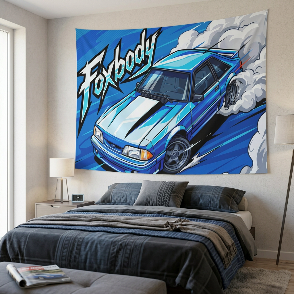 Ford Mustang Foxbody Light Blue White Stripe Comic Pop Art Aerial Bold Graphic Car Wall Art Tapestry