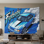 Ford Mustang Foxbody Light Blue White Stripe Comic Pop Art Aerial Bold Graphic Car Wall Art Tapestry