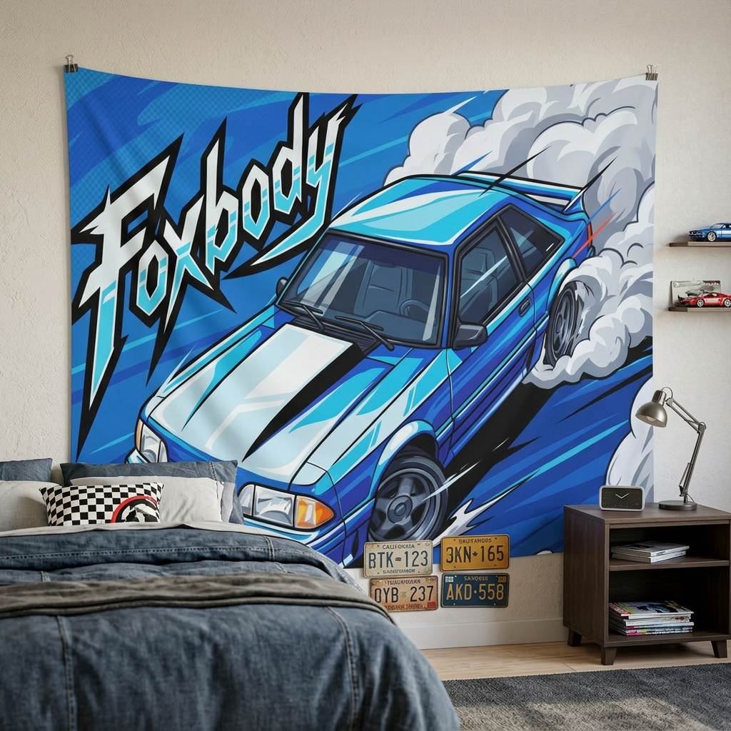 Ford Mustang Foxbody Light Blue White Stripe Comic Pop Art Aerial Bold Graphic Car Wall Art Tapestry