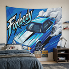 Ford Mustang Foxbody Light Blue White Stripe Comic Pop Art Aerial Bold Graphic Car Wall Art Tapestry