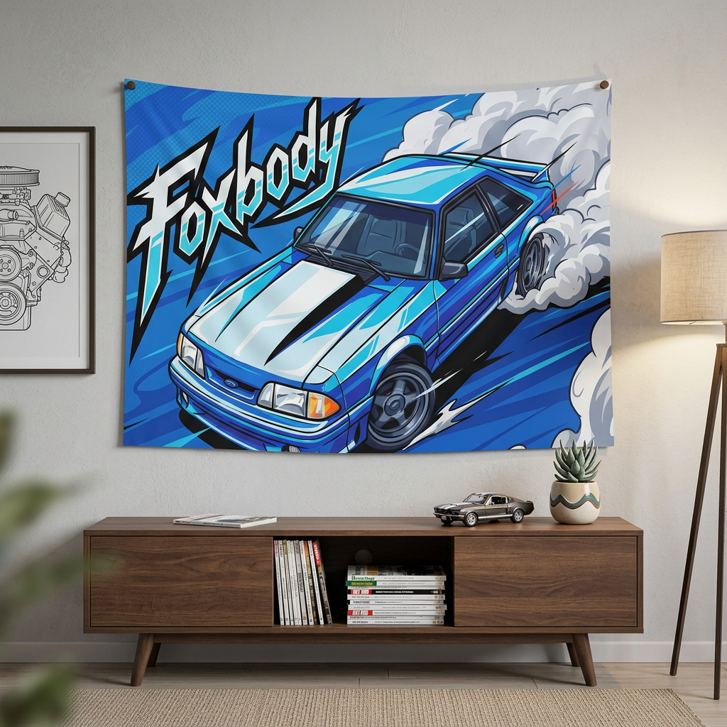 Ford Mustang Foxbody Light Blue White Stripe Comic Pop Art Aerial Bold Graphic Car Wall Art Tapestry