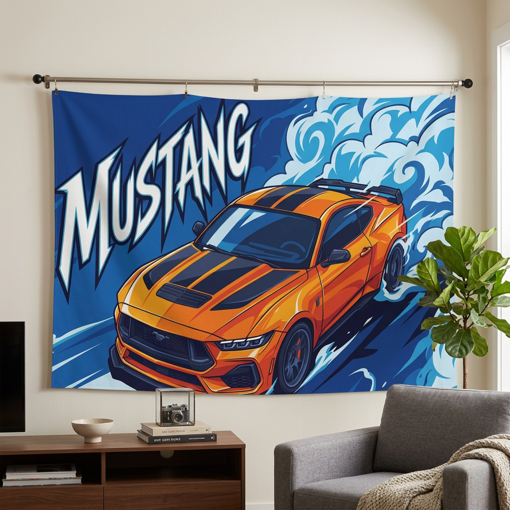 Ford Mustang S650 Orange Black Stripe Aerial Bold Graphic Car Wall Art Tapestry