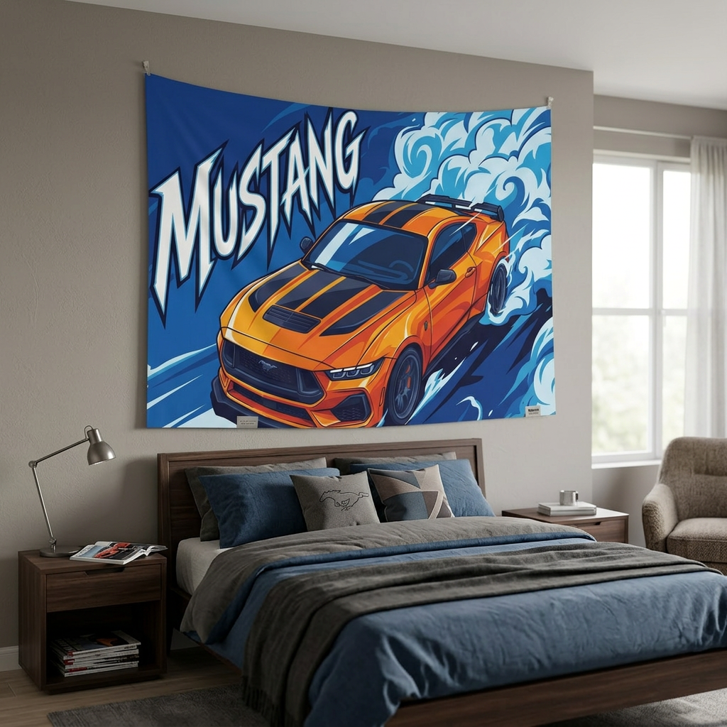 Ford Mustang S650 Orange Black Stripe Aerial Bold Graphic Car Wall Art Tapestry