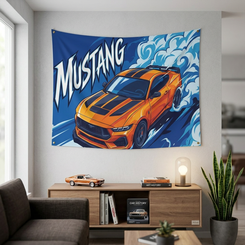 Ford Mustang S650 Orange Black Stripe Aerial Bold Graphic Car Wall Art Tapestry