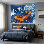Ford Mustang S650 Orange Black Stripe Aerial Bold Graphic Car Wall Art Tapestry