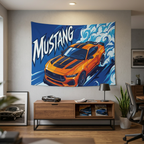 Ford Mustang S650 Orange Black Stripe Aerial Bold Graphic Car Wall Art Tapestry