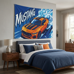Ford Mustang S650 Orange Black Stripe Aerial Bold Graphic Car Wall Art Tapestry