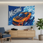 Ford Mustang S650 Orange Black Stripe Aerial Bold Graphic Car Wall Art Tapestry