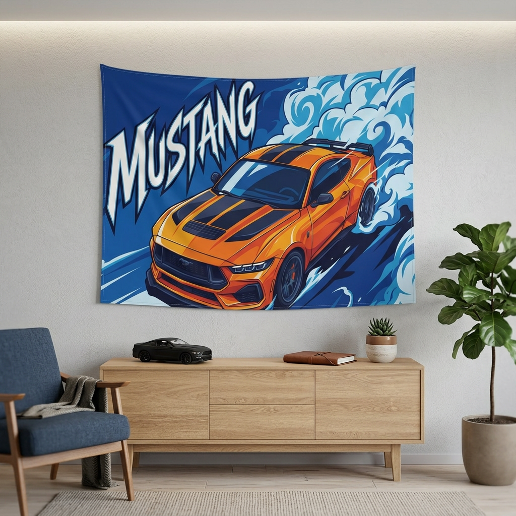 Ford Mustang S650 Orange Black Stripe Aerial Bold Graphic Car Wall Art Tapestry