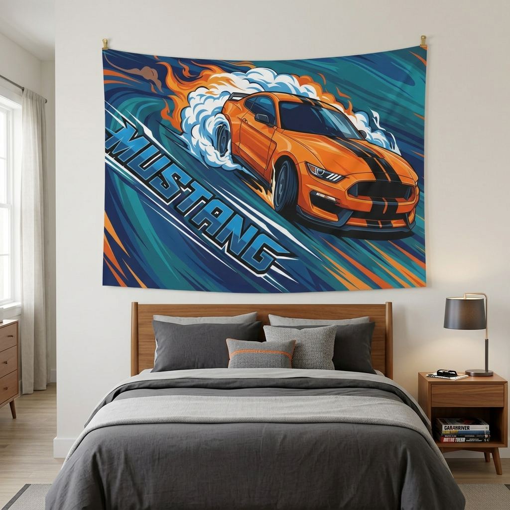 Ford Mustang Shelby S550 Orange Black Stripe Swirl Bold Graphic Car Wall Art Tapestry