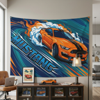 Ford Mustang Shelby S550 Orange Black Stripe Swirl Bold Graphic Car Wall Art Tapestry