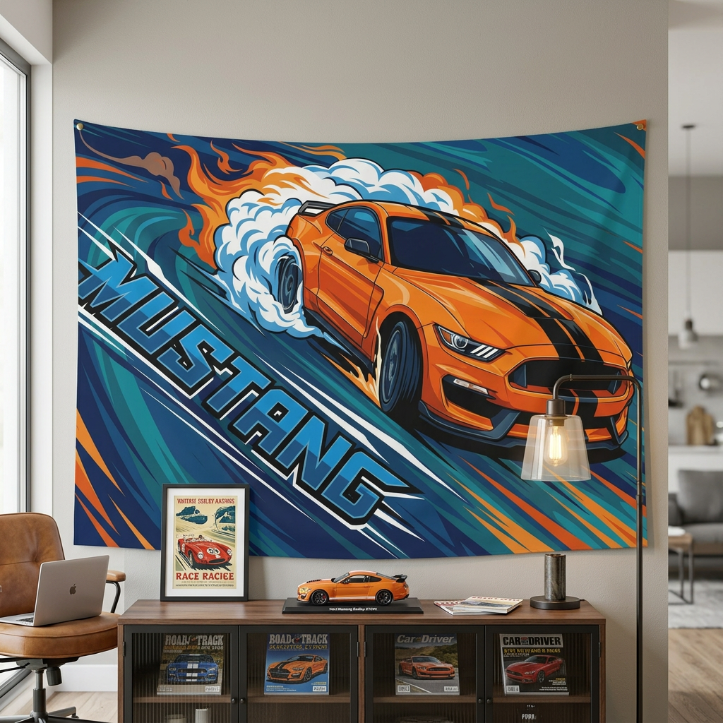 Ford Mustang Shelby S550 Orange Black Stripe Swirl Bold Graphic Car Wall Art Tapestry