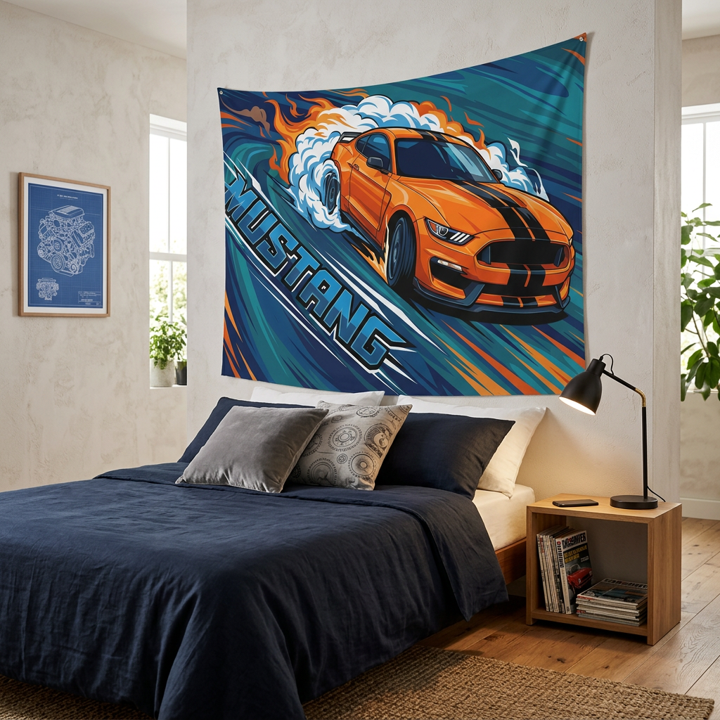 Ford Mustang Shelby S550 Orange Black Stripe Swirl Bold Graphic Car Wall Art Tapestry