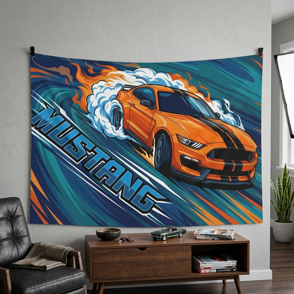 Ford Mustang Shelby S550 Orange Black Stripe Swirl Bold Graphic Car Wall Art Tapestry