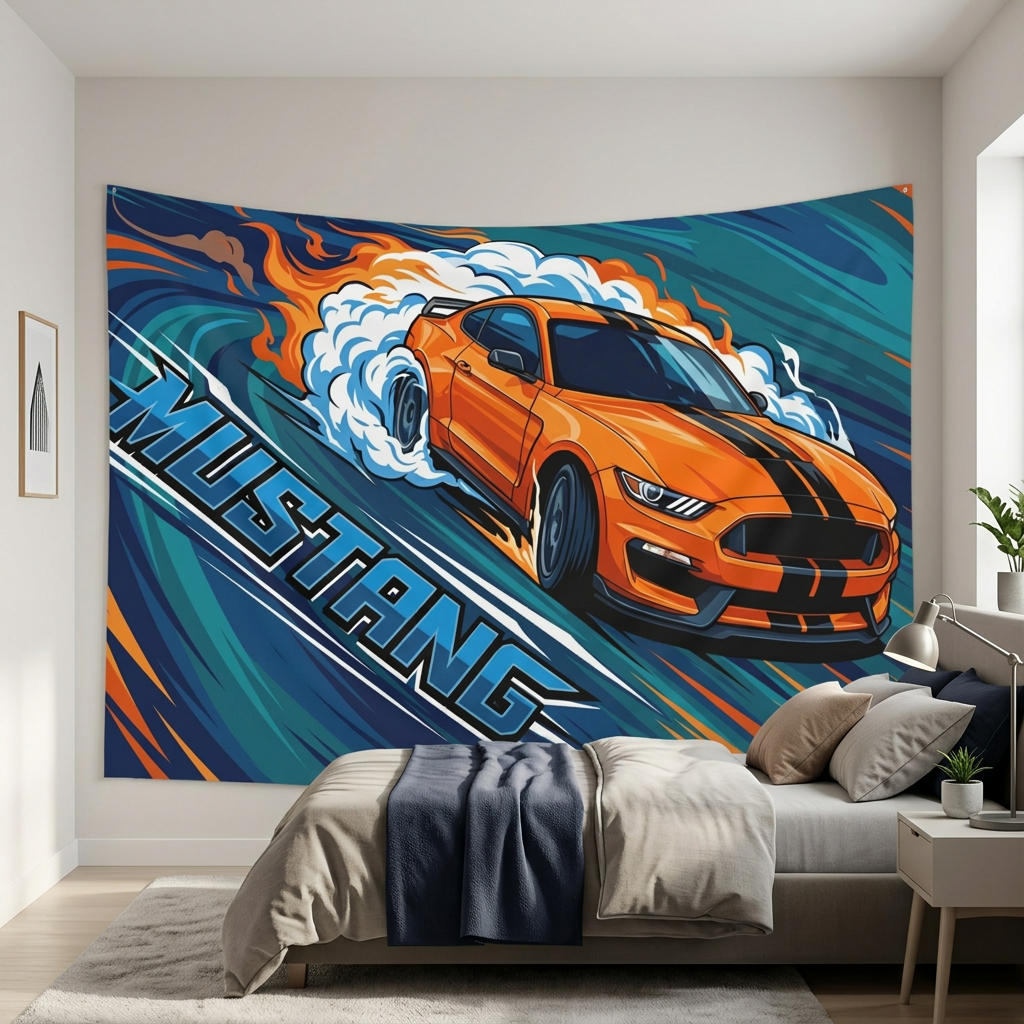 Ford Mustang Shelby S550 Orange Black Stripe Swirl Bold Graphic Car Wall Art Tapestry