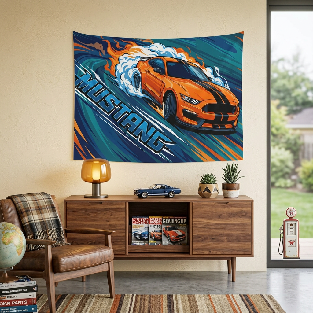 Ford Mustang Shelby S550 Orange Black Stripe Swirl Bold Graphic Car Wall Art Tapestry
