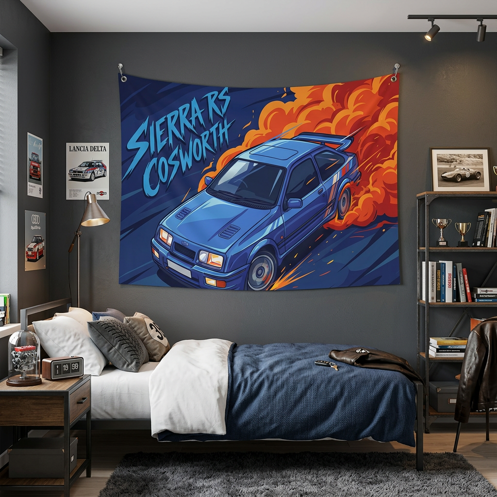 Ford Sierra RS Cosworth Blue Whale Tail Spoiler Aerial Bold Graphic Car Wall Art Tapestry